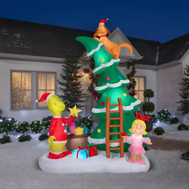 Gemmy Airblown Inflatable 11.5ft Christmas Light Grinch w/Cindy Lou and Max on Christmas Tree Scene Dr. Seuss Christmas Yard Decor