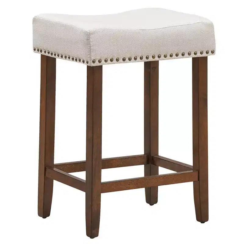 Set of 2 Nailhead Saddle Bar Stools 24 with Fabric Seat & Wood Legs, Beige/Gray