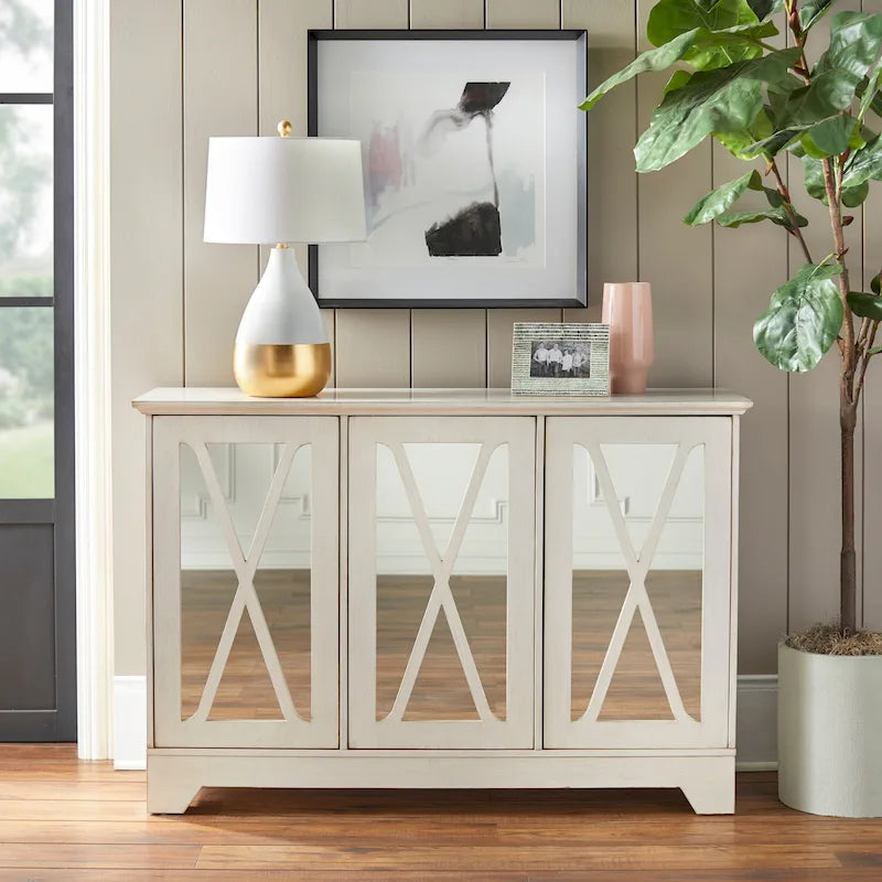 Distressed Mirrored Front Buffet Console with Adjustable Shelves