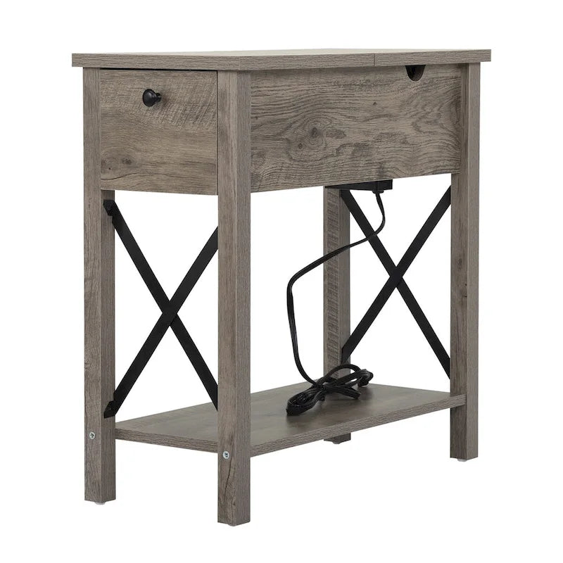 Farmhouse Flip Top End Table with Drawer, 2 AC Outlets & 2 USB Ports