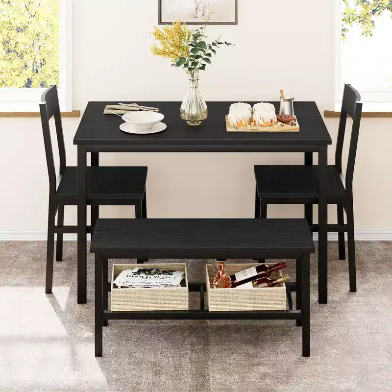 Dining Table Set for 4, Kitchen Table with Chairs and Bench, Metal Frame with Storage Rack, Ideal for Small Dining Room Space