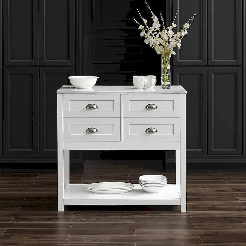 Modern Farmhouse Kitchen Island Cart with 4 Drawers Faux Marble Top and Casters