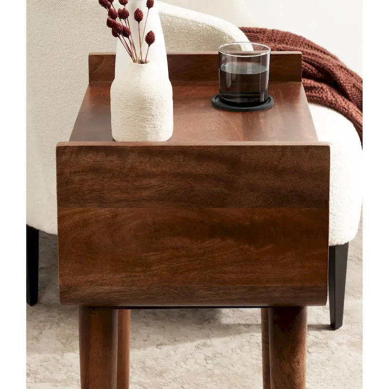 Mid-Century Modern Solid Wood Side Table with Open Shelf, Walnut Brown - 18x14x27