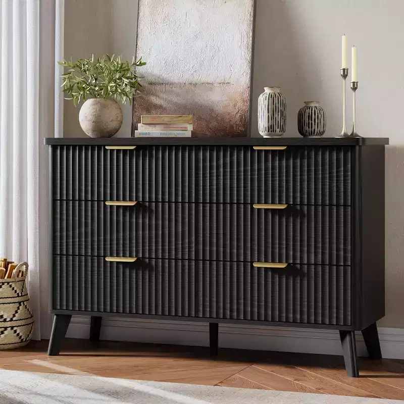 Modern Fluted Dresser with 6 Deep Drawers, 47.2 Wide Wooden Chest, Curved Design, Multi-Functional TV Stand or Bedroom Storage for Living Room Use