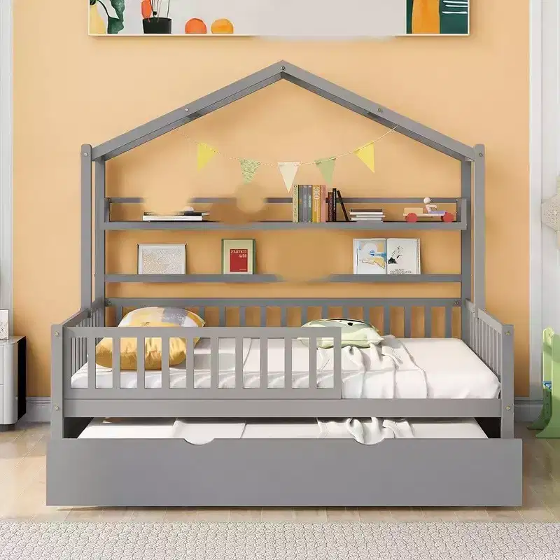 Full Size House Bed Frame for Kids with Storage Drawers, Safety Rails, and Roof Design
