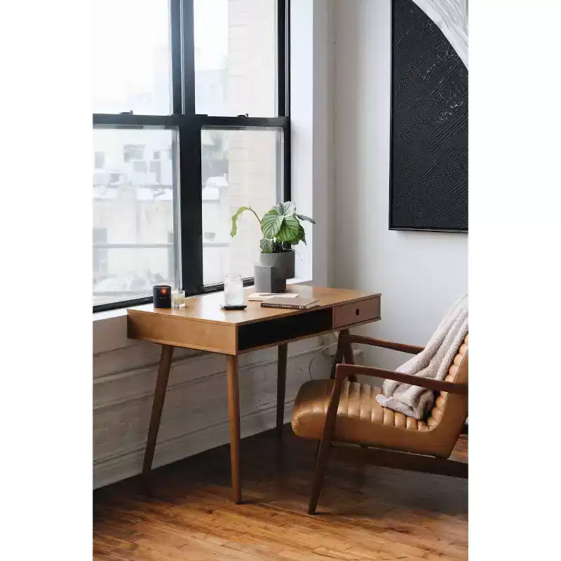 Parker Mid-Century Desk with Drawer Acacia Light Brown: MDF Top, Solid Wood Legs, Home Office Furniture
