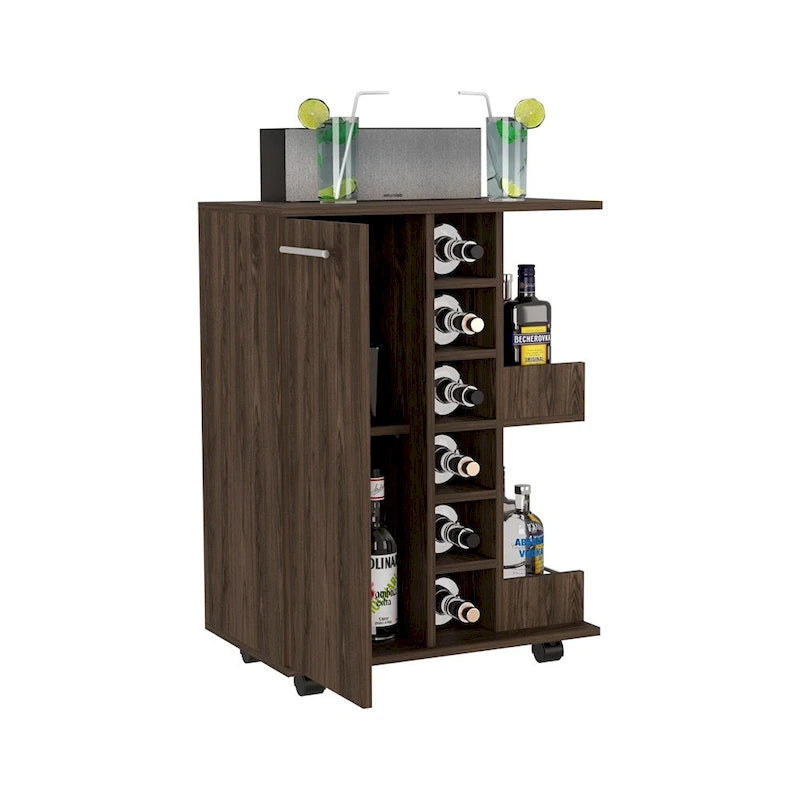 Rolling Bar Cart with Enclosed Cabinet 6-Bottle Wine Cubby and Open Bottle Shelves