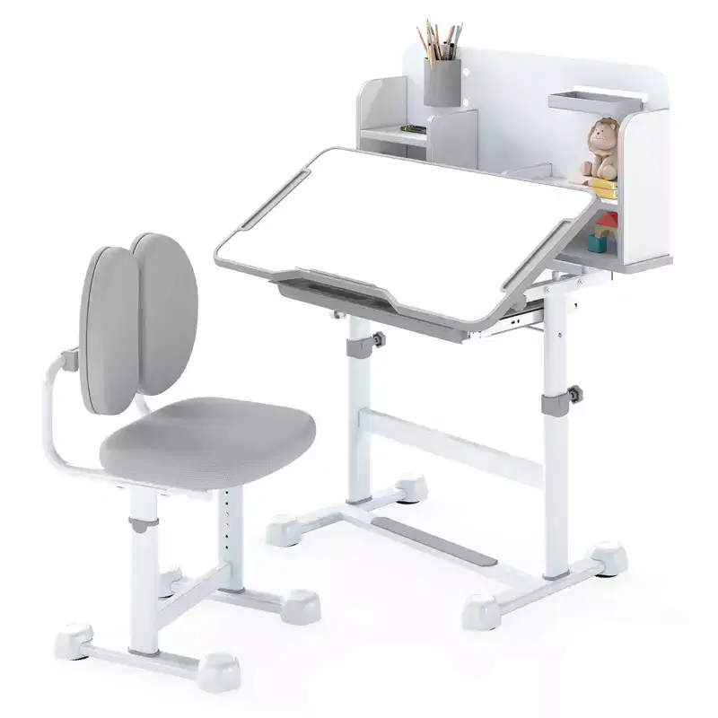 Costway Kids Study Desk & Chair Set with Tilt Desktop, Pen Holder & Tray, Reading Stand Blue/Gray