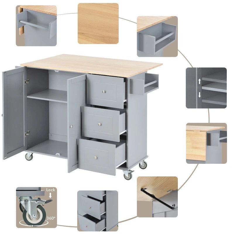 Rolling Kitchen Island with Drop Leaf Breakfast Bar Solid Wood Top 3 Drawers and Spice Rack