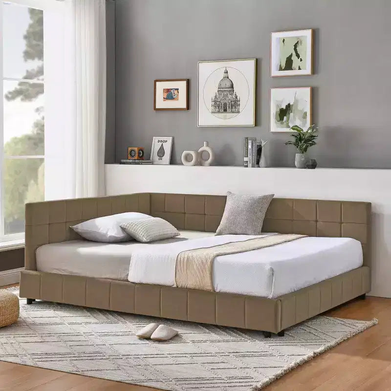 MAYEERTY Full Size Upholstered Tufted Bed Frame with Backrest and Armrest for Bedroom Brown