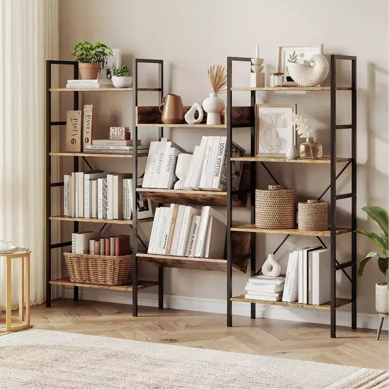 4-Tier Industrial Bookshelf, Triple Column Open Display, 72.8W