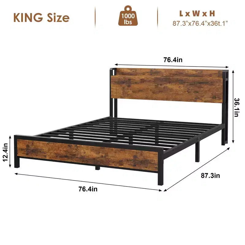 Metal and Wood Bed Frame, Sturdy Ironwood Furniture, Wooden Headboard and Footboard, Brown, KING