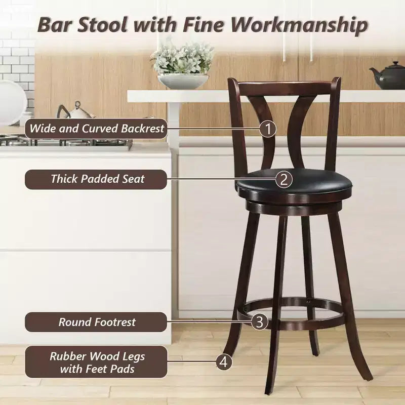 Swivel Bar Stools 29.5 with Rubber Wood Legs, PVC Leather Seat