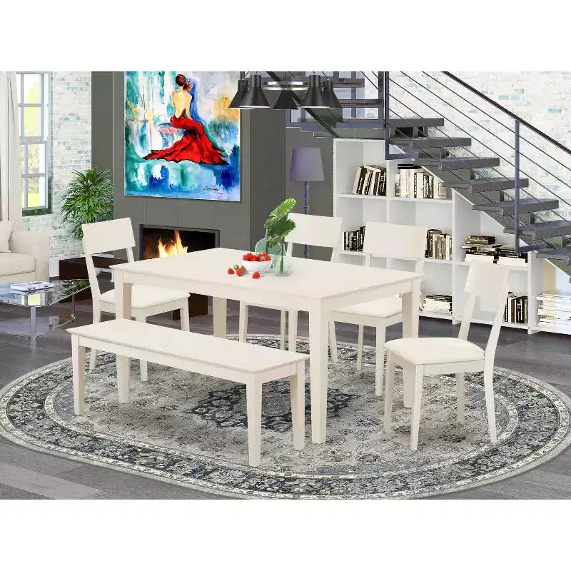 Nordic Kitchen Table Set - 6 Piece Dining Table with Bench & Chairs - Linen White Farmhouse Style