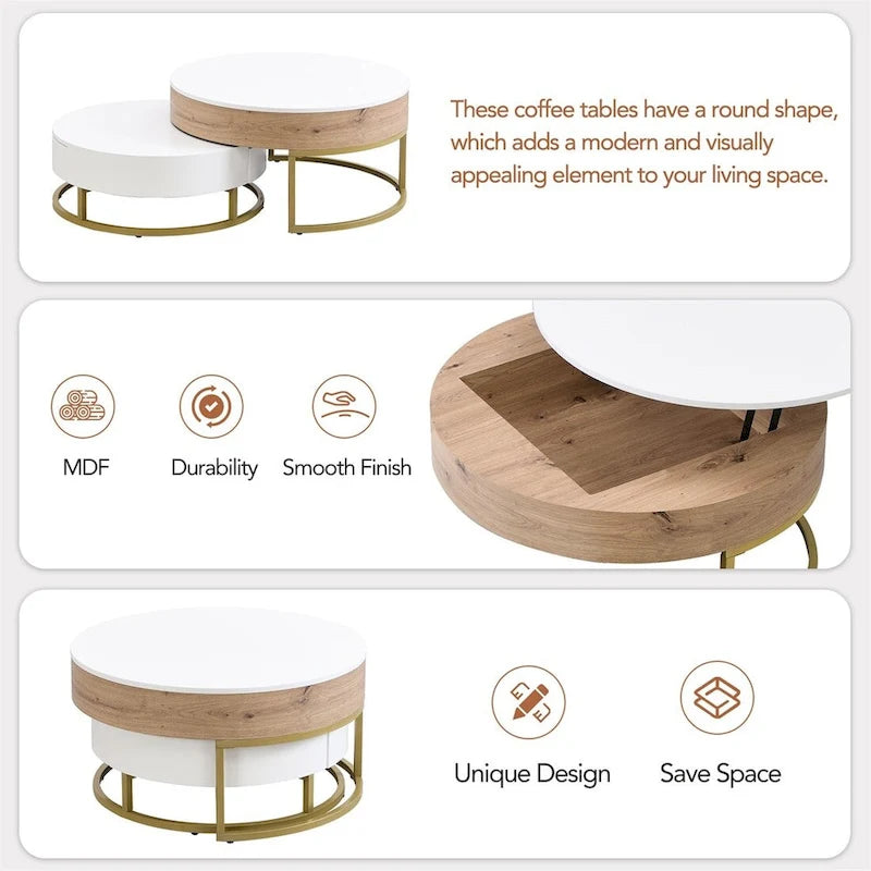 Modern Round Lift-Top Nesting Coffee Tables with Storage Drawers