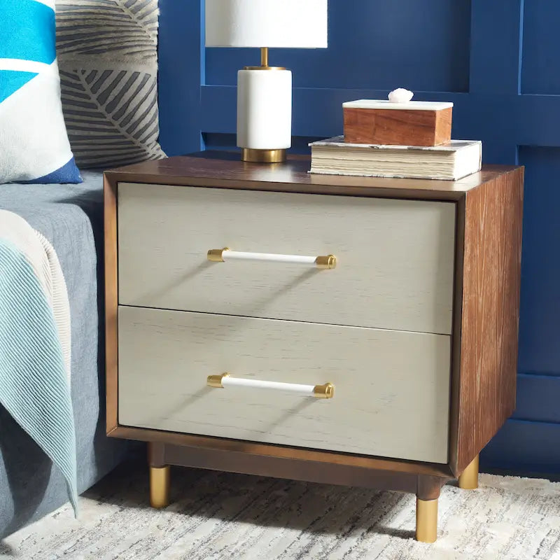 2-Drawer Nightstand with Brass Legs & Contrast Finish
