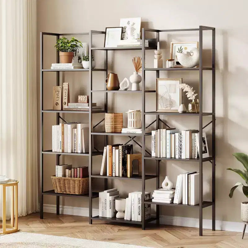 5-Tier Industrial Bookcase with 14 Open Shelves, 63.4W