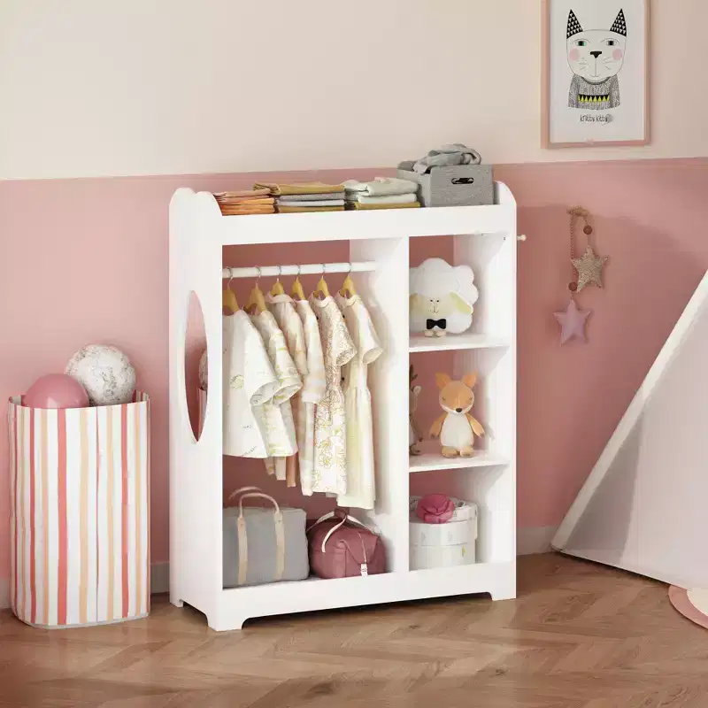 Kids Dress Up Storage Rack with Mirror, Wooden Costume Organizer with Hanging Rod, Hooks & Shelves, White
