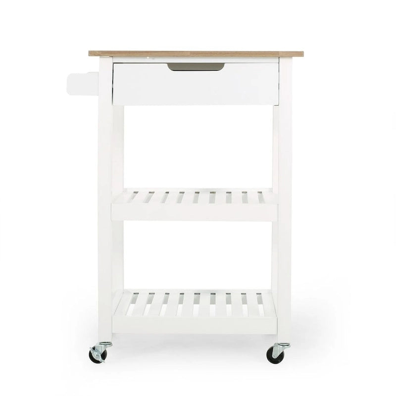 Compact Rolling Kitchen Cart with Rubberwood Top Drawer 2 Slatted Shelves and Towel Rack