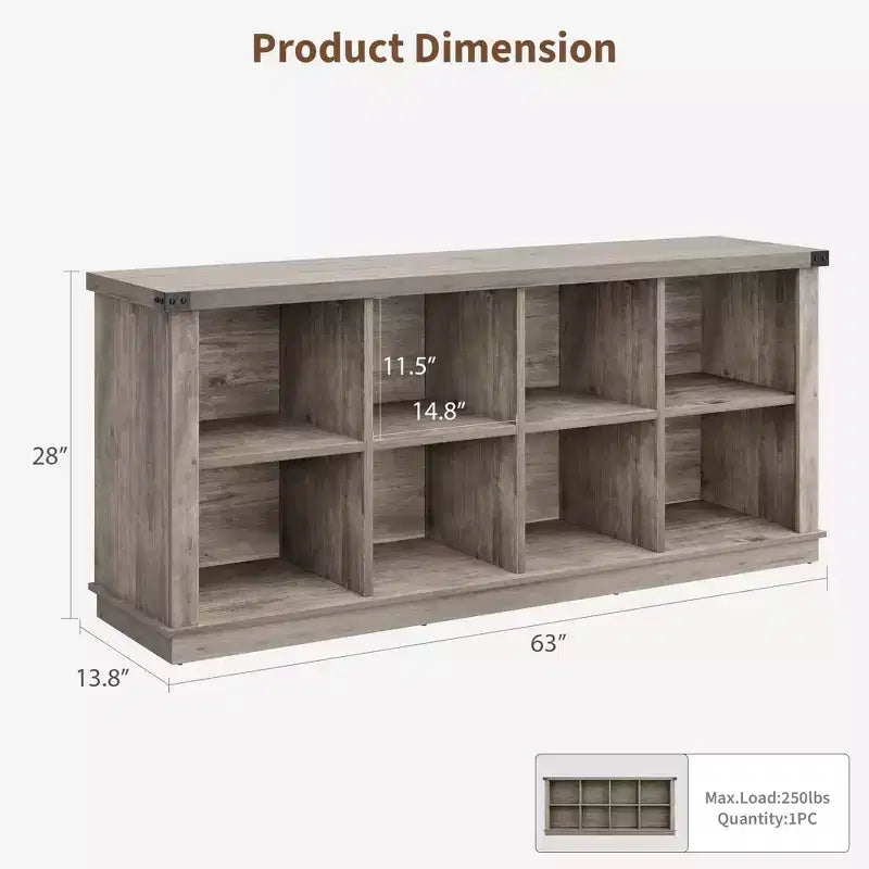 8 Cube Storage Organizer Bookshelf, Farmhouse Style Horizontal Bookcase, 62-inch Wooden Storage Bookcase for Entryway, Long and Short Bookshelf