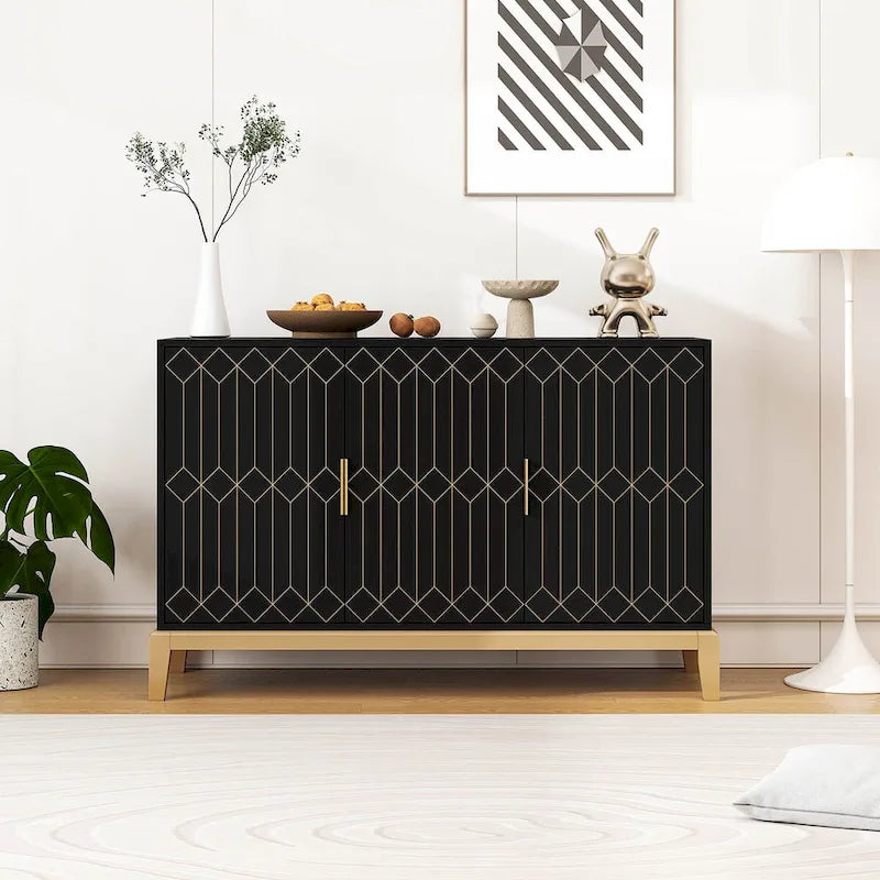 Carved Line 3 Door Storage Cabinet, Sideboard Buffet Cabinet With Adjustable Shelf, Large Storage Accent Cabinet