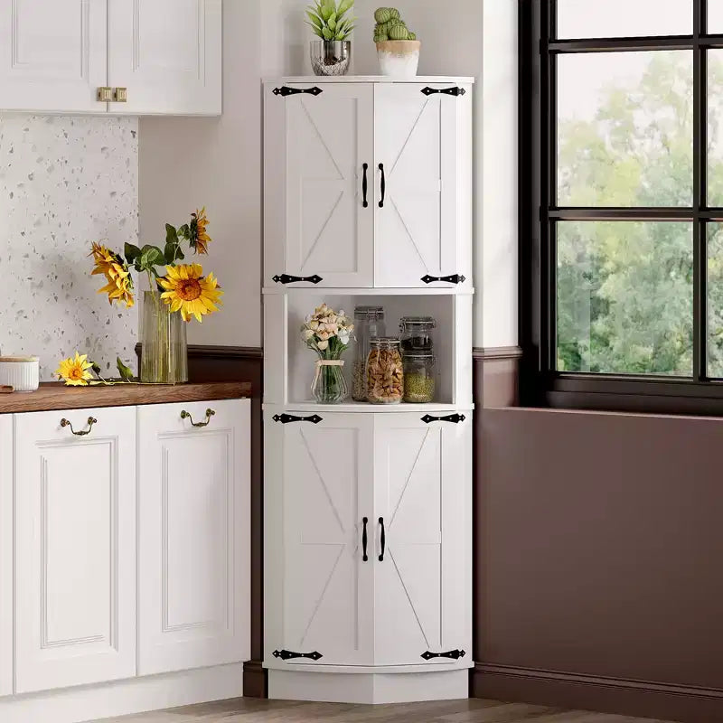 COZONY 65 Farmhouse Corner Cabinet with Barn Doors, 5-Tier Freestanding Corner Storage Cabinet for Kitchen, Bathroom or Living Room
