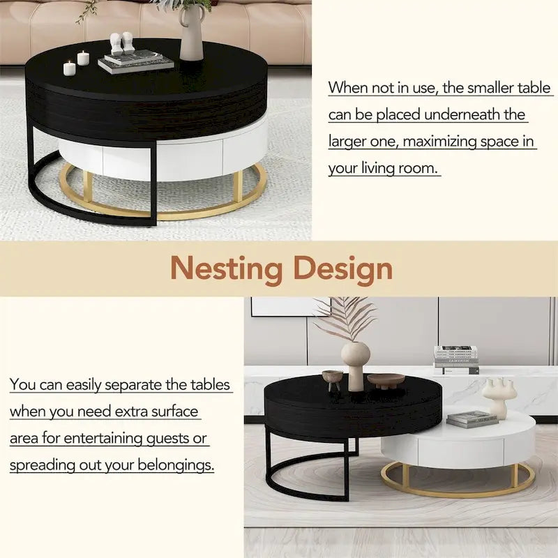 Modern Round Lift-Top Nesting Coffee Tables with Storage Drawers