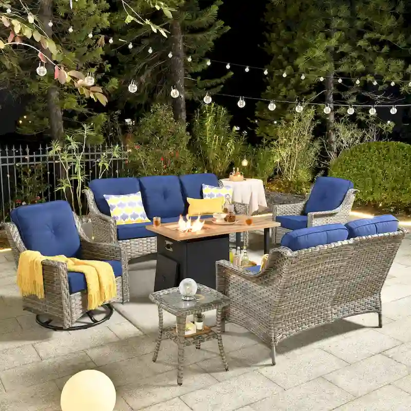 HOOOWOOO 6-piece Wicker Outdoor Conversation Set Swivel Chairs with Fire Pit
