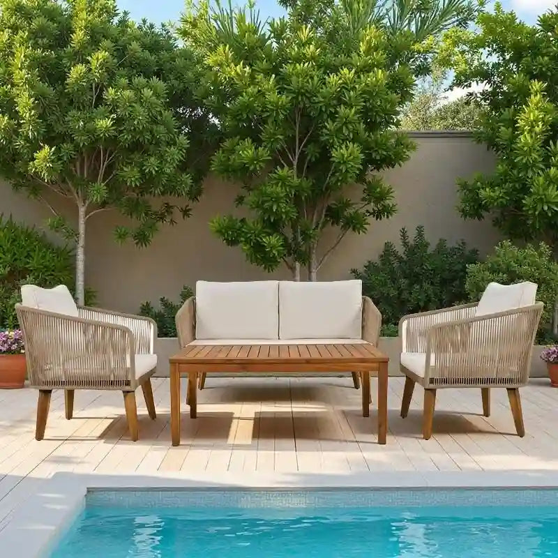 4-Piece Outdoor Patio Solid Wood Conversation Sofa Set with Coffee Table