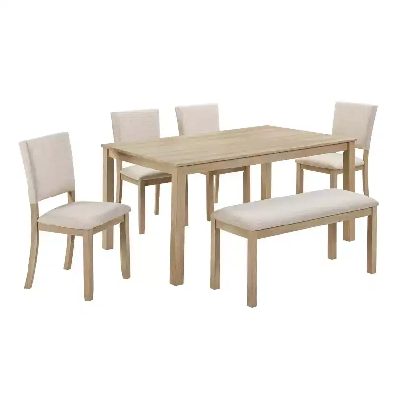 6-Piece Modern Wood Dining Table Set with Bench and 4 Upholstered Chairs, Modern Rectangular Kitchen Table Set for Dining Room - Panipeachy