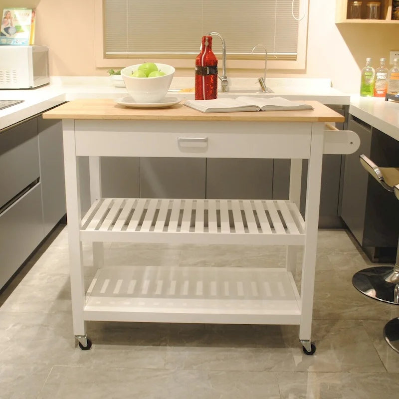 Rolling Kitchen Cart with Natural Wood Top 2 Open Shelves and Towel Rack