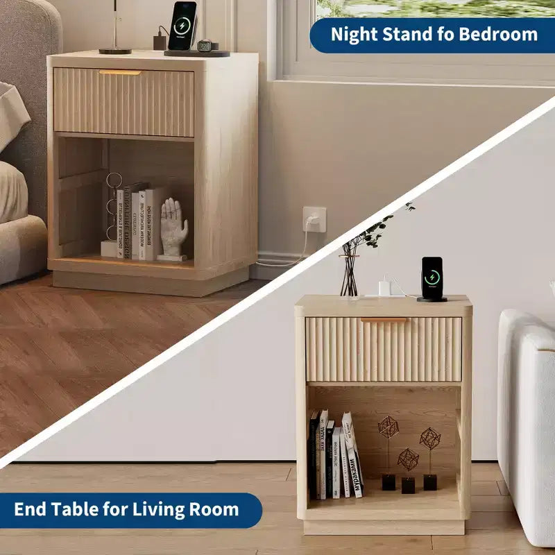 Fluted Nightstand with Charging Station and Drawers