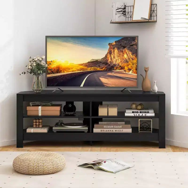 3-Tier Corner TV Stand with Power Outlet & 4 Open Shelves, Fits 65