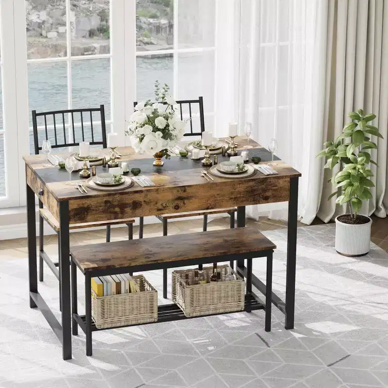 4 Piece Dining Table Set, Rectangular Kitchen Table Set with 2 Chairs & 1 Bench,Double Side Drawers,Perfect for Dining, Room,Kitchen,Restaurant,Yard