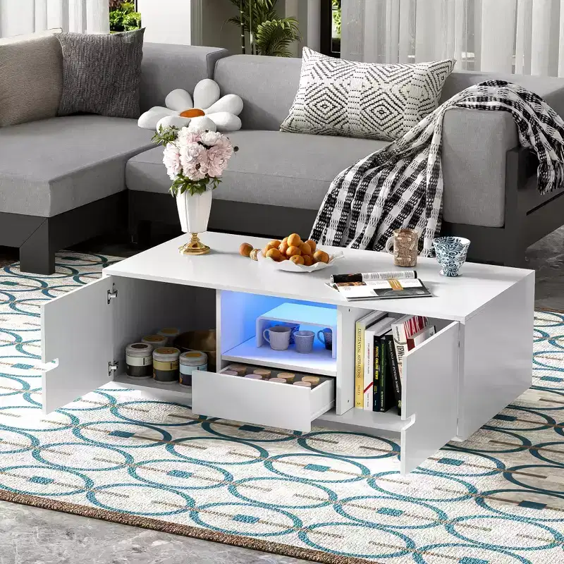 Modern High Gloss Rectangle Coffee Table with Storage & 16-Color LED Lights for Living Room