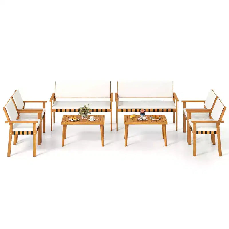 Costway 8 PCS Wood Furniture Set with Coffee Table Seat Back Cushions for Backyard, Porch