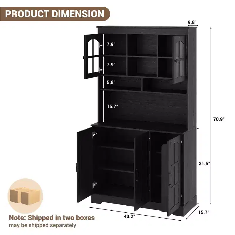 CuisinSmart Pantry Cabinet with Charging Station,70.9 Inch Kitchen Cabinet with Glass Doors, Tall Kitchen Pantry Storage Cabinet with Hutch