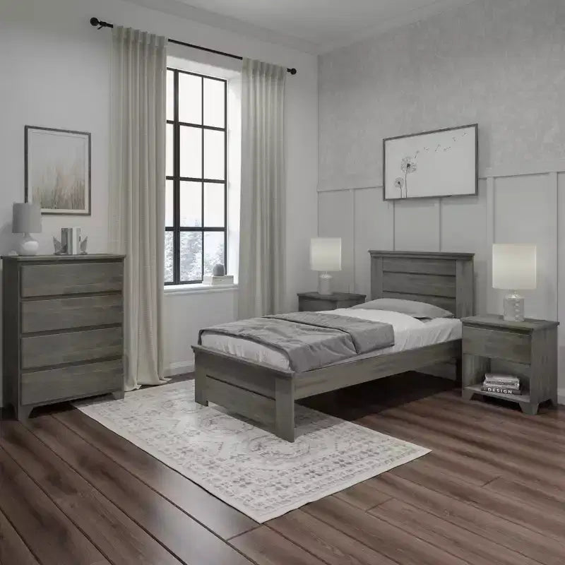 Twin Bed Frame with Panel Headboard, Modern Farmhouse Solid Wood Platform Bed