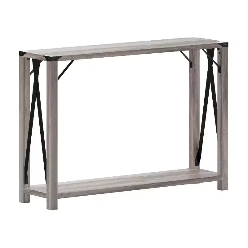 Gray Wash / Rustic Oak Farmhouse Sofa Table with Steel Accents