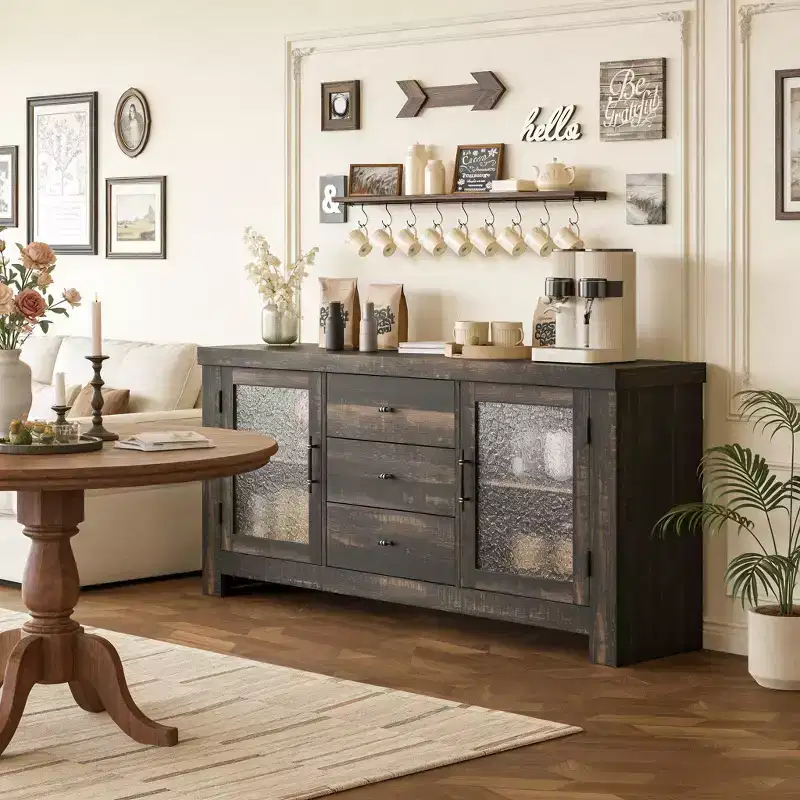 54.4 Buffet Sideboard with 2 Glass Doors & 3 Drawers for Living Room, Kitchen, Dining Room
