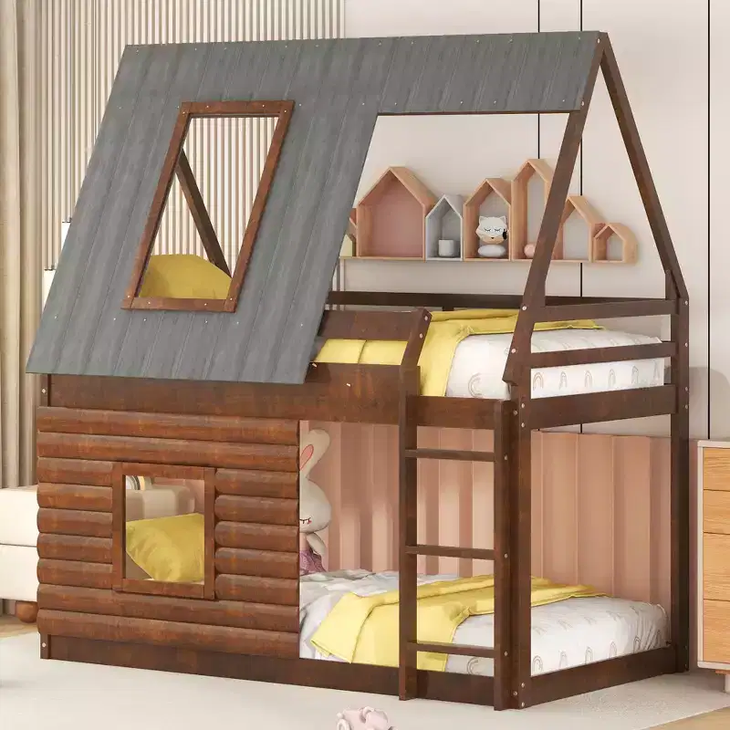 Twin over Twin Wood House Bunk Bed with Roof, Ladder and 2 Windows, Oak & Smoky Gray - ModernLuxe