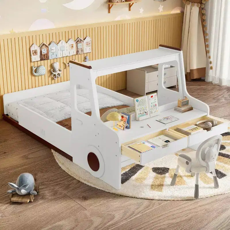 Twin/Full Size Floor Bed with Car-shape Design, Wood Car Bed with Drawers, Window and Desk for Kids