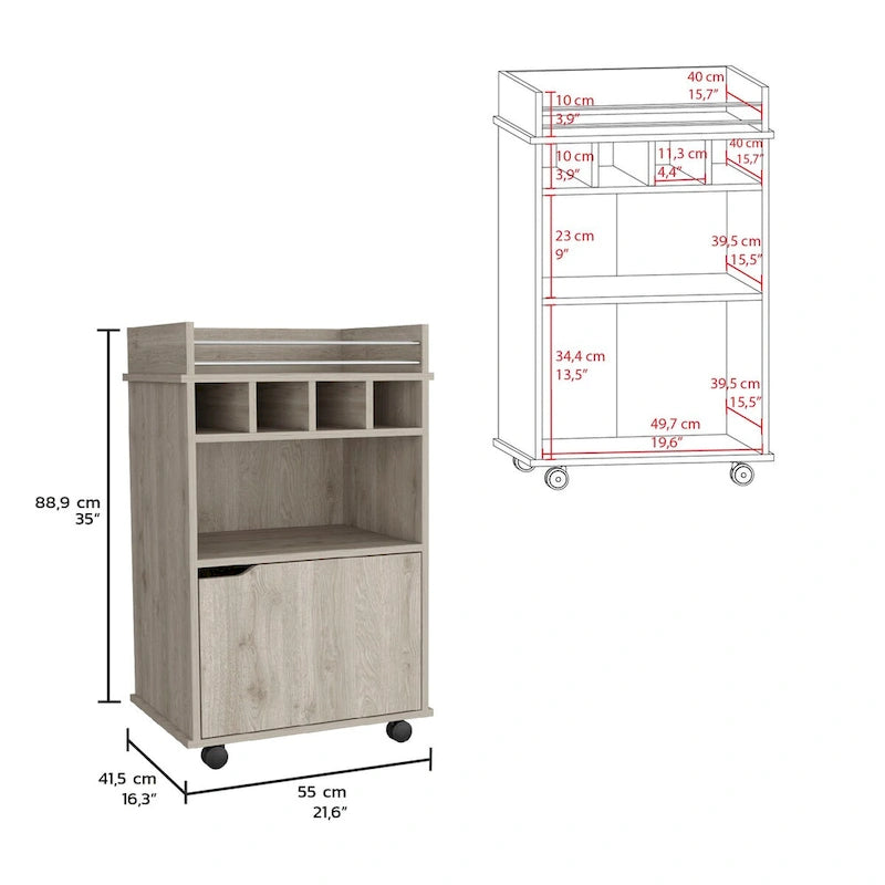 Beige Rolling Bar Cart with Open Shelves Wine Cubbies and Cabinet