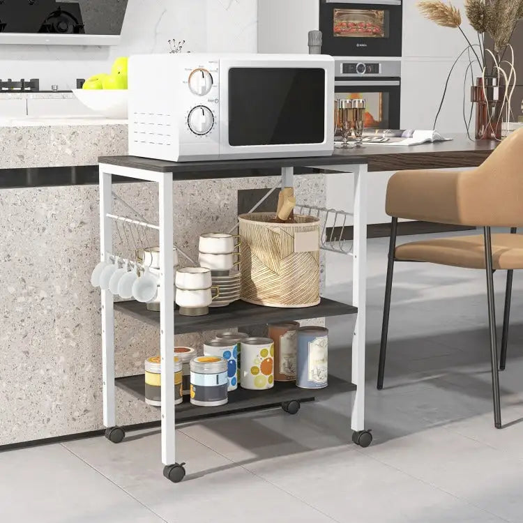 Rustic Brown 3-Tier Rolling Baker's Rack Microwave Cart with S-Hooks