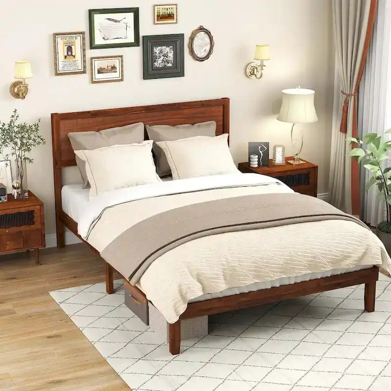 Rustic Solid Wood Platform Bed Frame with Tall Headboard & Under-Bed Storage