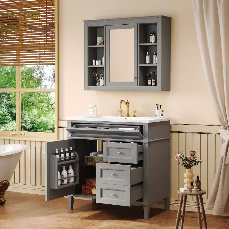 CASAINC 36'' Bathroom Vanity with Top Sink, Mirror Cabinet, 2 Drawers & 6 Open Shelves