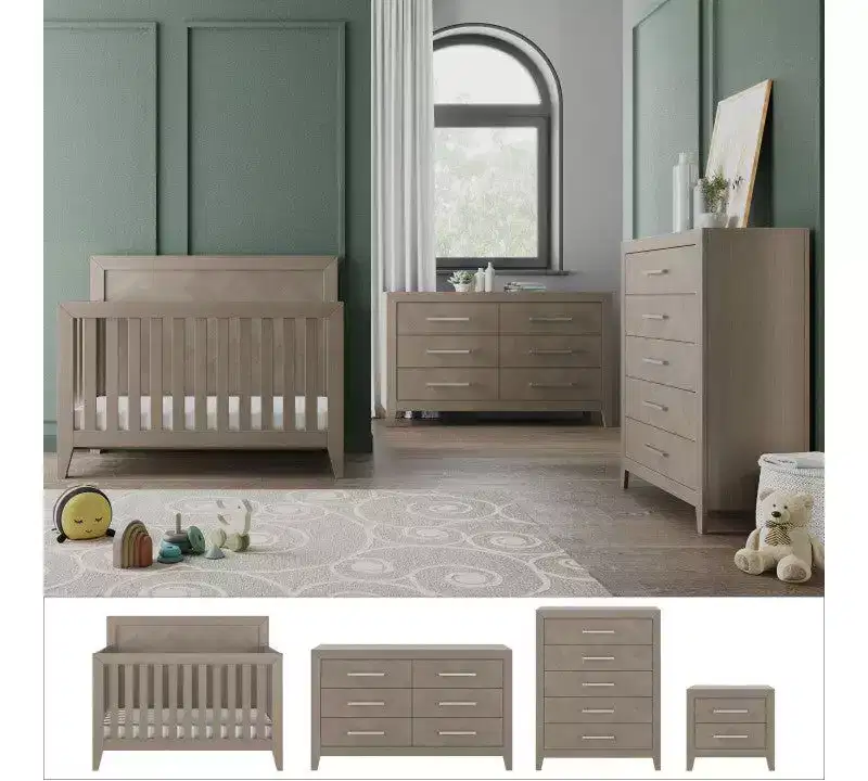 Child Craft Kieran 4-in-1 Convertible Crib, Double Dresser, Chest, and Nightstand 4-Piece Nursery Set