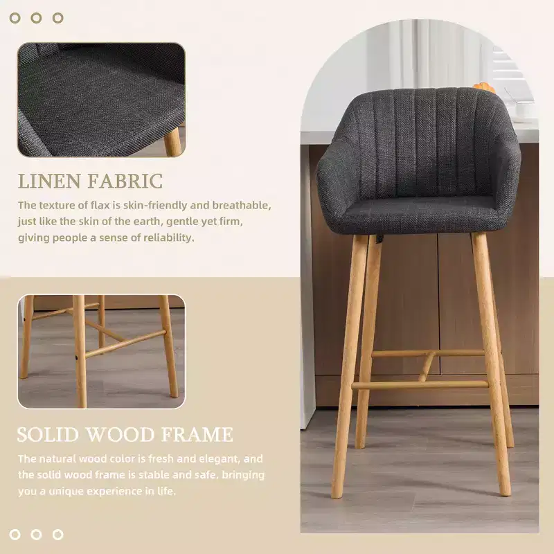 Zeus & Ruta Modern Linen Upholstery Bar Stools Set of 2 with Back, Armrest & Wood Legs, Kitchen Island Height