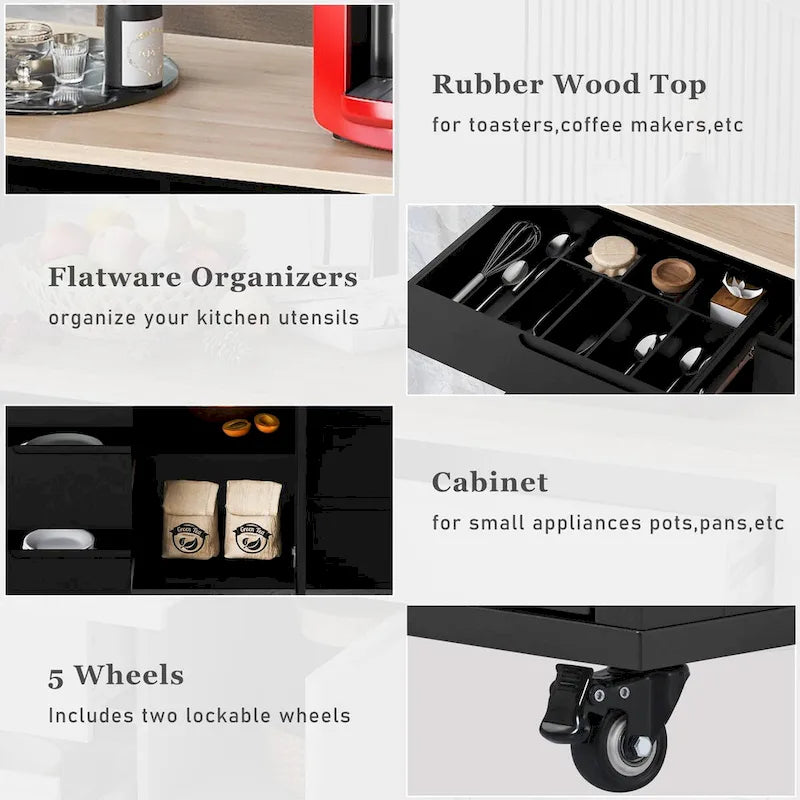 Rolling Kitchen Island Cart with 8 Handle-Free Drawers Rubberwood Top and Spice Rack