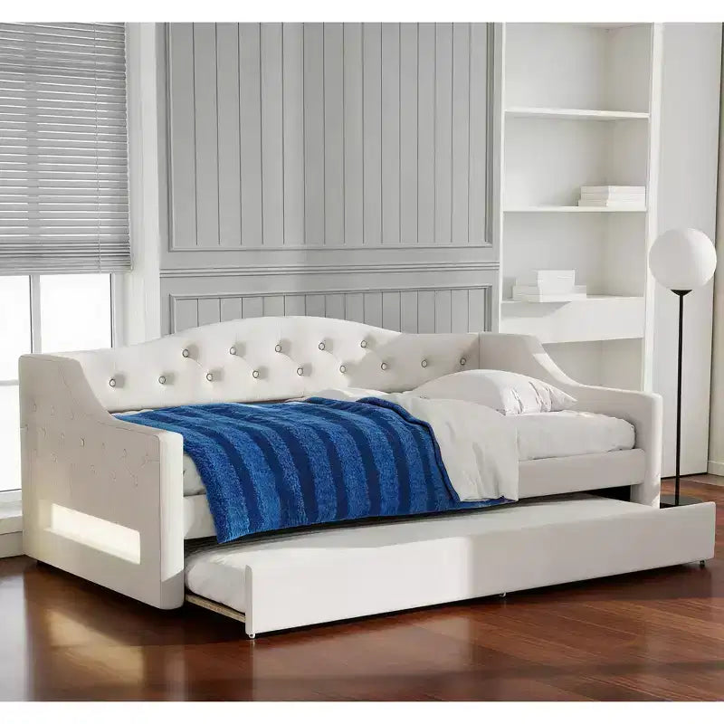 Bellemave Cozy Upholstered Daybed with LED Ambient Lights & Pull-Out Trundle, Space-saving Bed Frame for Bedrooms & Living Rooms.